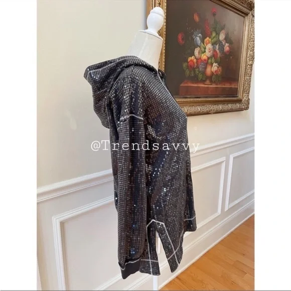 ANTHROPOLOGIE Sequined Hoodie Side Slit Sweater Tunic Pullover Top Black XS NWT - Picture 9 of 13